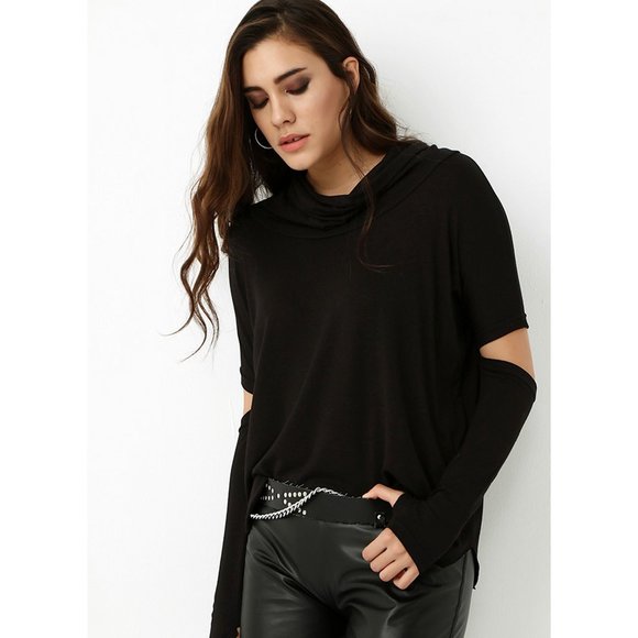 Bambina Mia - Black Elbow-Cutout Cowl Neck Top - Picture 2 of 4